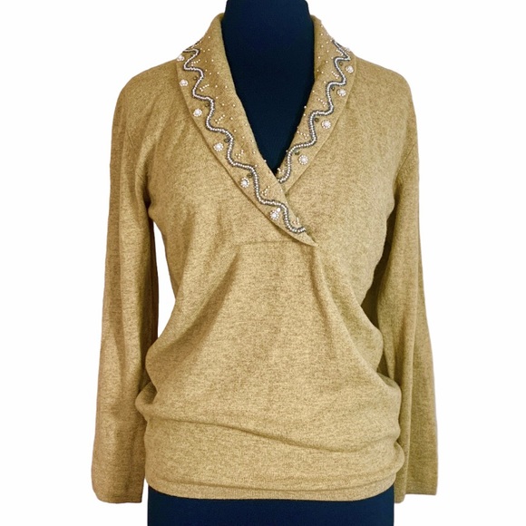 Vintage Blumarine Wool Cashmere Sweater Beaded Pearl Shawl Collar 90s Y2K 40 4 S - Picture 2 of 14